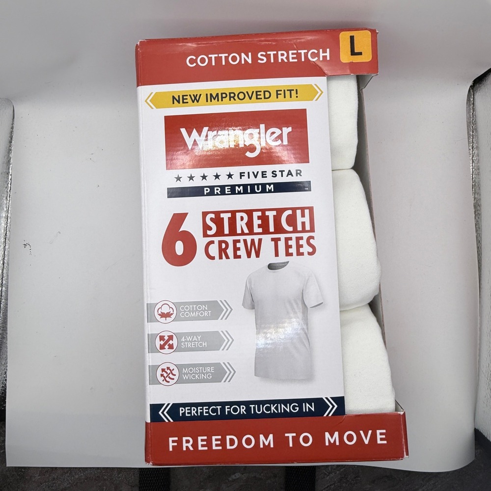 Wrangler 6 Pack Stretch Crew Tees Mens Large White Cotton Five Star Premium